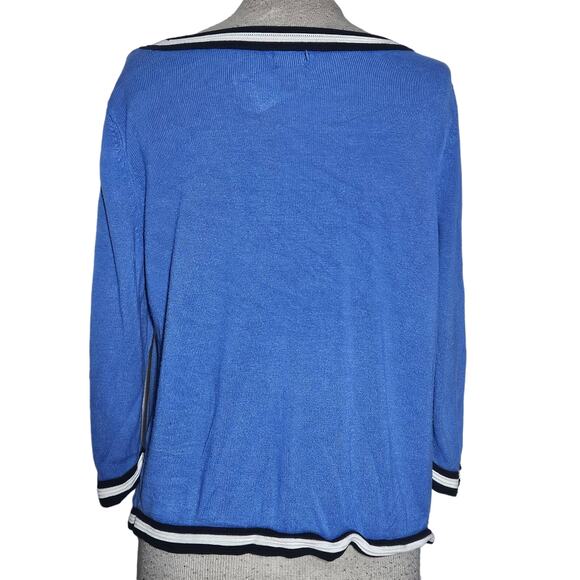 Blue Sweater with Striped Trim Size Large - Picture 2 of 4